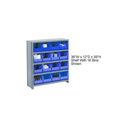 Global Industrial Steel Closed Shelving, 16 Blue Plastic Stacking Bins 5 Shelves, 36x12x39 603261BL